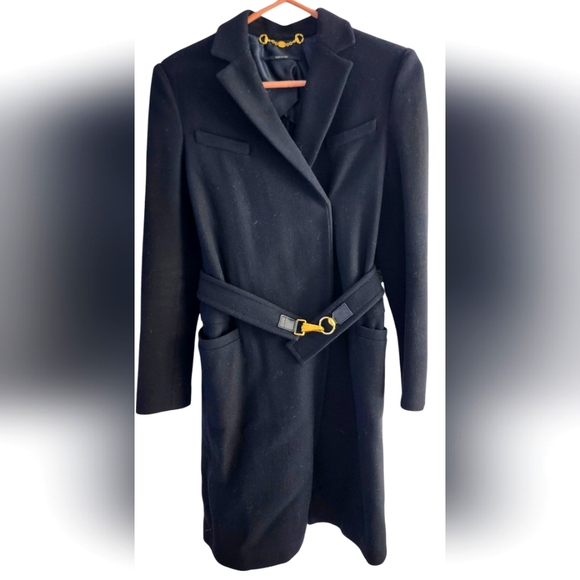 Gucci womens classy wool belted coat size 40 Italian (4) black gold buckle logo - Picture 1 of 7